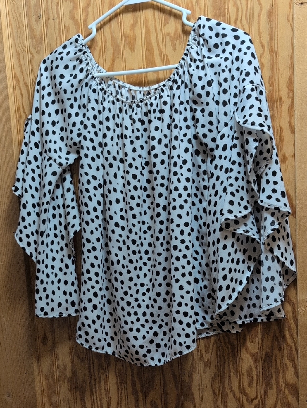Off-Shoulder White and Black Polka Dot Ruffle Sleeve Top